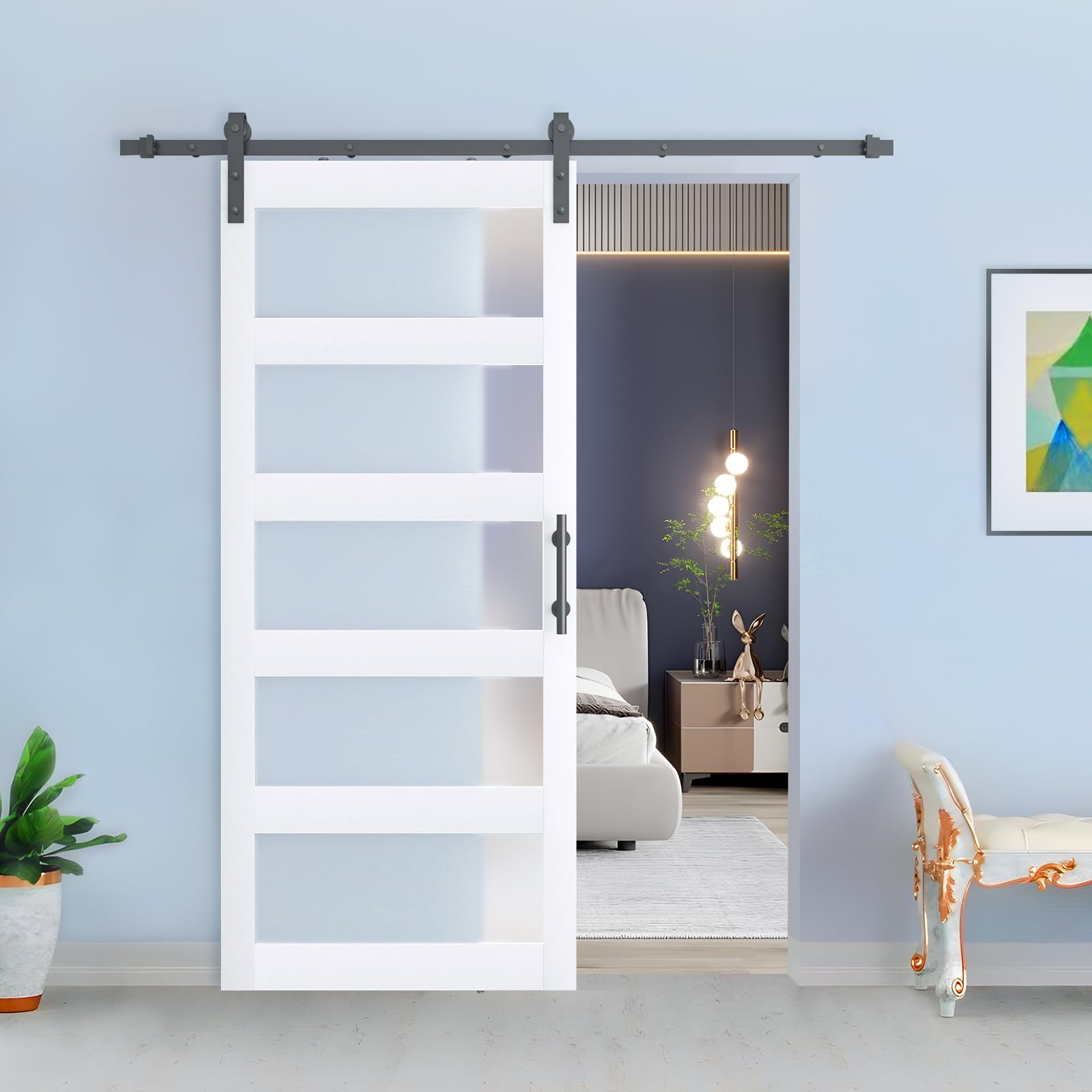 BARNSMITH 36in x 84in Glass Barn Door with 6.6FT Sliding Door Hardware Kit Included & Handle & Lock,5-Panel Frosted Glass Barn Door Solid Wood Water-Proof PVC Surface,Pre-Drilled Easy Assembly,White