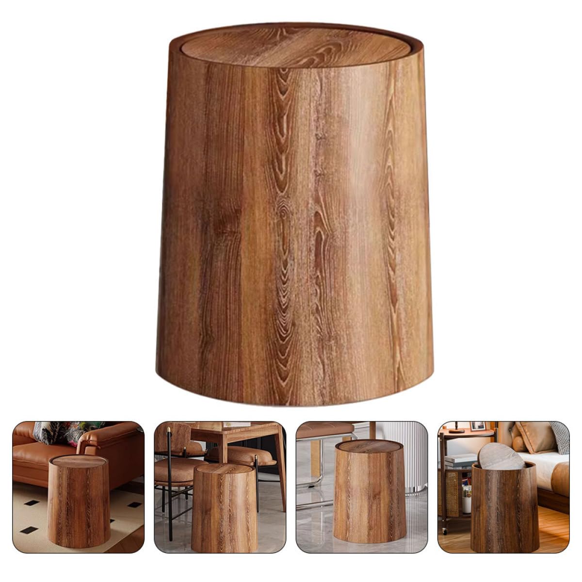 Kichvoe Papelera de Plástico Pp Imitación Madera 15l Tapa Abatible para Hogar y Oficina, Cubo de Basura Grande Decorativo para Baño, Sala y Dormitorio, Bote Resistente y Fácil de Limpiar
