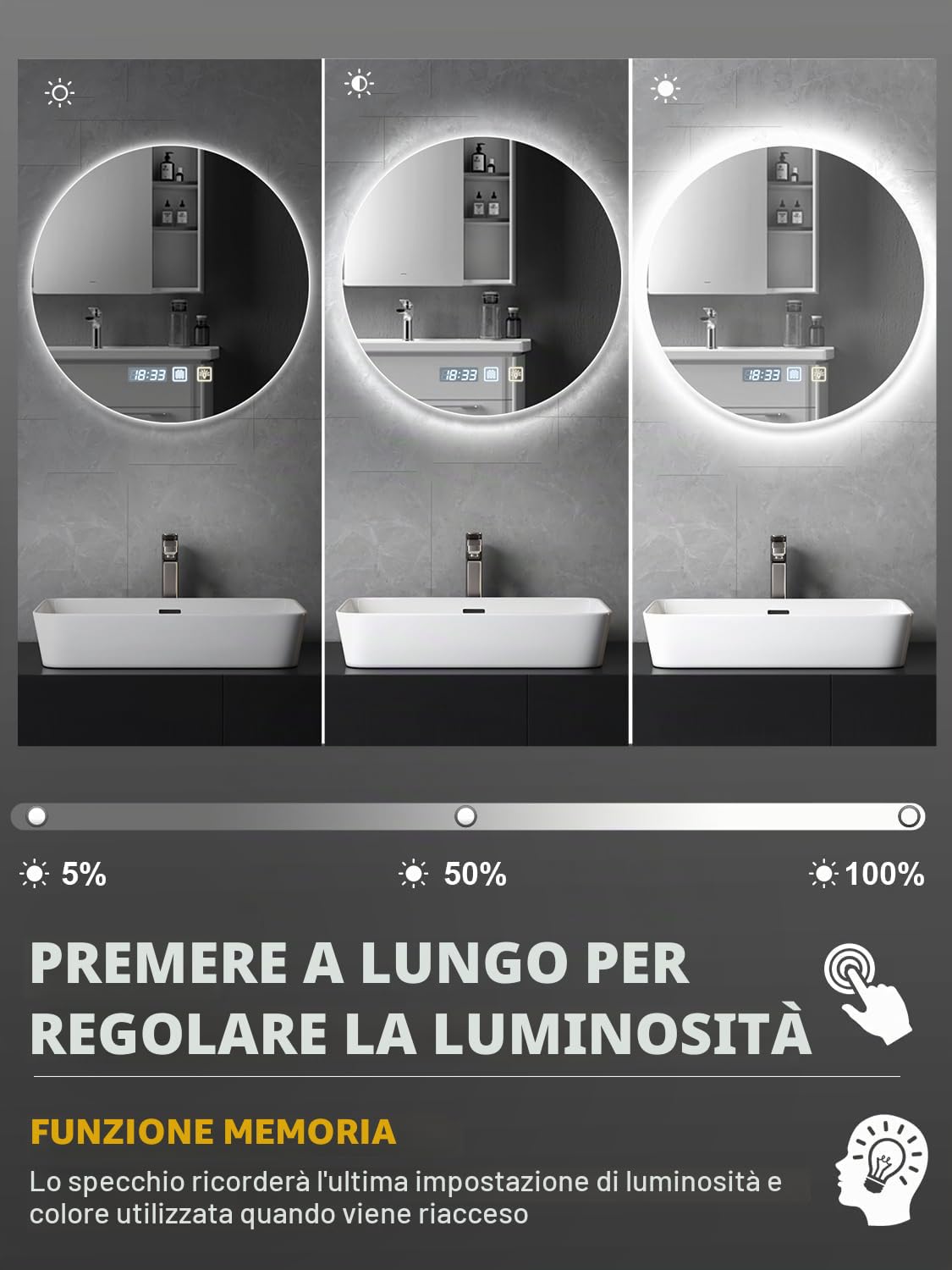 Specchio da bagno rotondo con illuminazione,specchio da parete da 60 cm,specchio a LED,3 colori di illuminazione regolabili, antiappannamento, interruttore touch,IP44,orizzontale/verticale