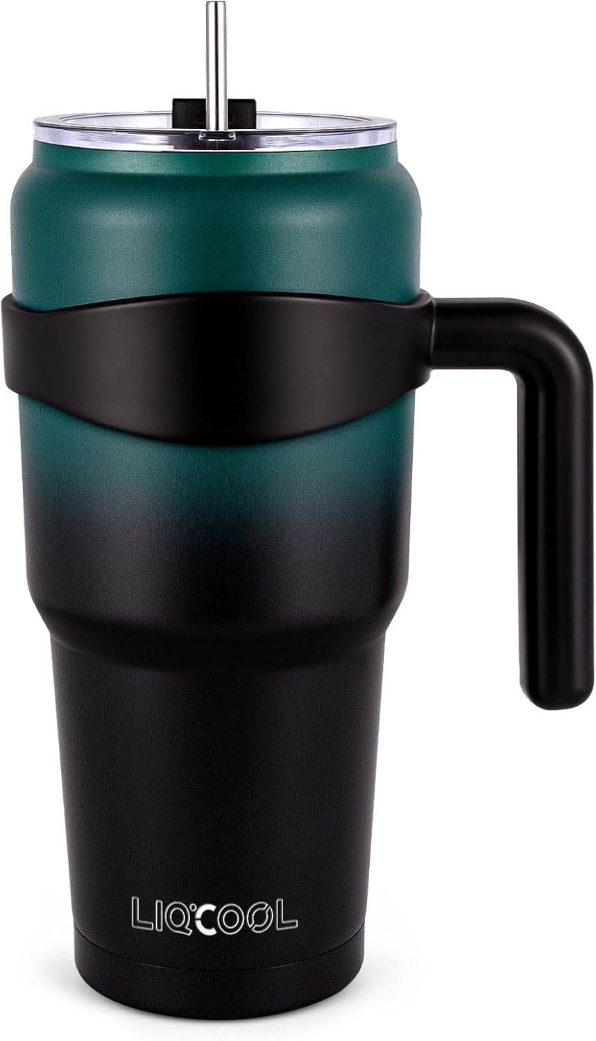 LiqCool 40 Oz Tumbler with Handle and Straw and Lid, Iced Coffee Tumbler Travel Mug, Stainless