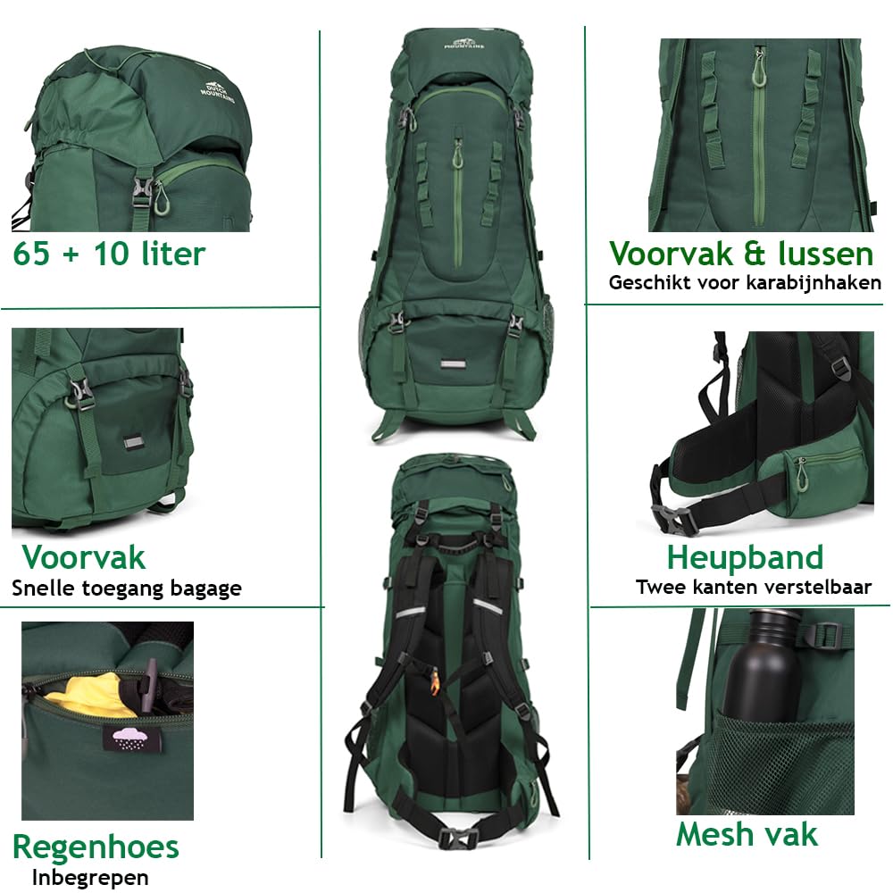 Dutch Mountains Plecak trekkingowy 65 ltr - 75 ltr lekki, wodoodporny, turystyczny plecak podróżny (Zielony)