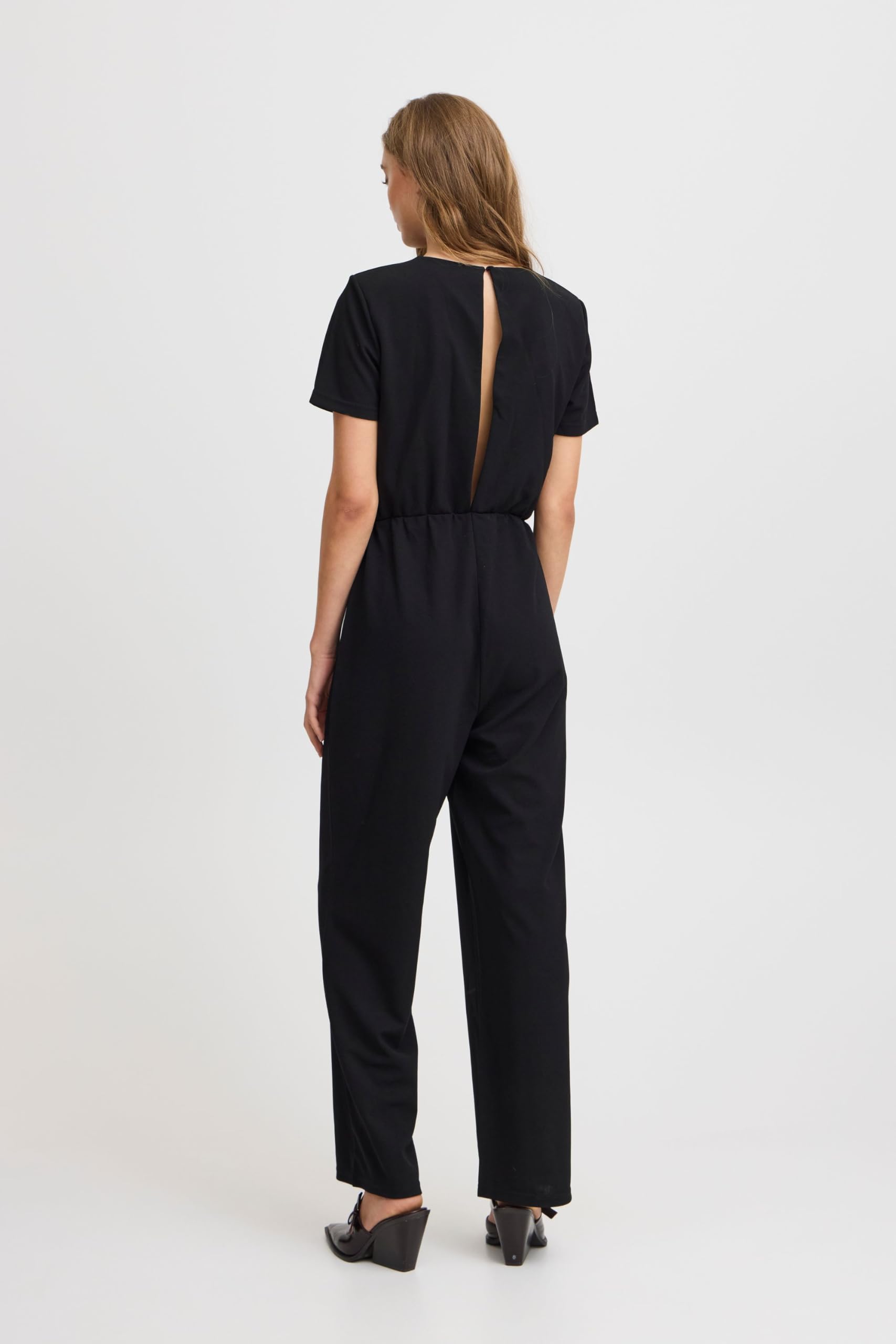 ICHI IXMILA Damen Overall Jumpsuit Einteiler mit V-Ausschnitt Hakenverschluss freie Rückenpartie leicht elastisch Regulat fit