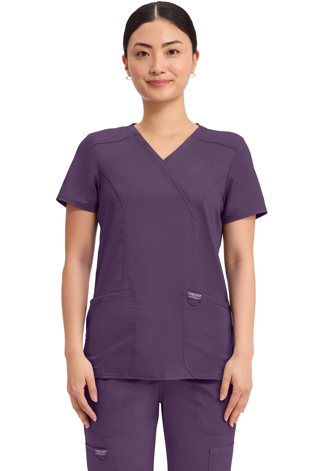 Cherokee Scrubs Top for Women Mock Wrap with 3 Pockets, Soft, 2-Way Stretch & Durable Fabric - WW610