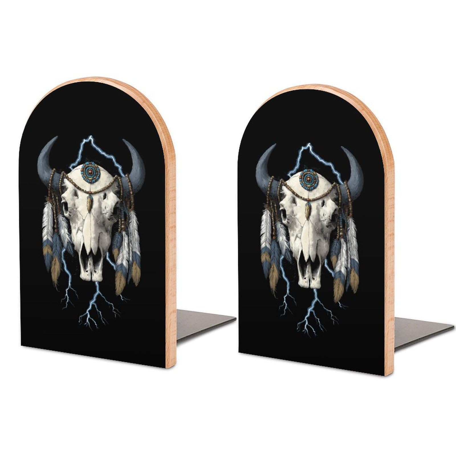 Vintage 90s Thunder Native Indian Bison Skull Book Ends Wood Non-Slip Books Stand Book Holders Book Stopper Organizer for Shelves Home Office
