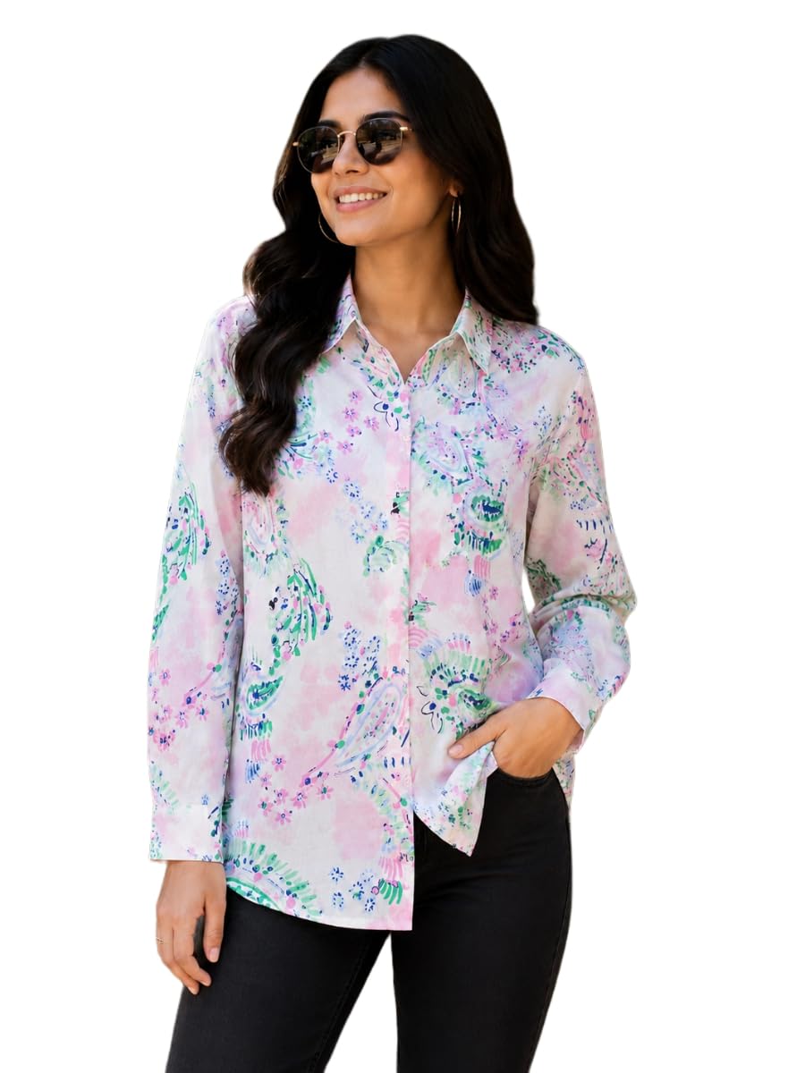 Highlander Women's Oversized Shirt, Spread Collar, Long Button-Cuff Sleeves, Button Closure, Casual Printed Reyon Shirt for Women's in multi
