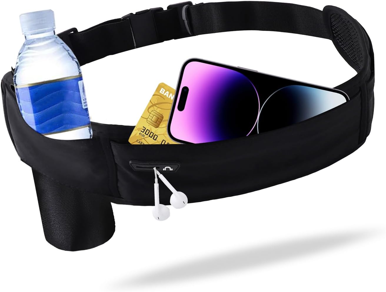 Running Hydration Belt with Water Bottle Holder, Phone Storage, Black