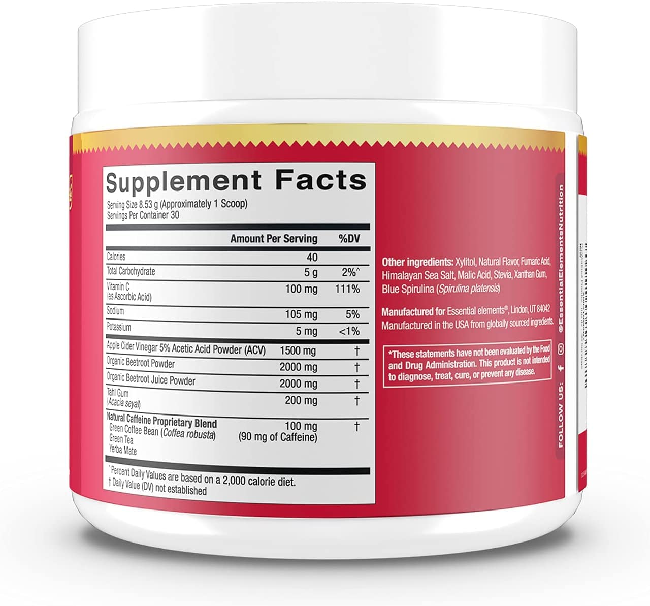 Essential Elements PreWorkout Powder with Beet Root & ACV | Superfood Energy Supplement & All-Natural Nitric Oxide Booster Plus Caffeine 30 Servings