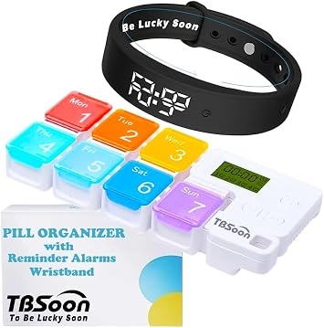 7 Day Medicine Pill Organizer with Pill Reminder Alarms Wristband, 7 Large Compartments,Moisture-Proof,Silent Strong Shock Vibrating Alarm Wristband,Travel Weekly/Daily Pill Box/Case/Dispenser