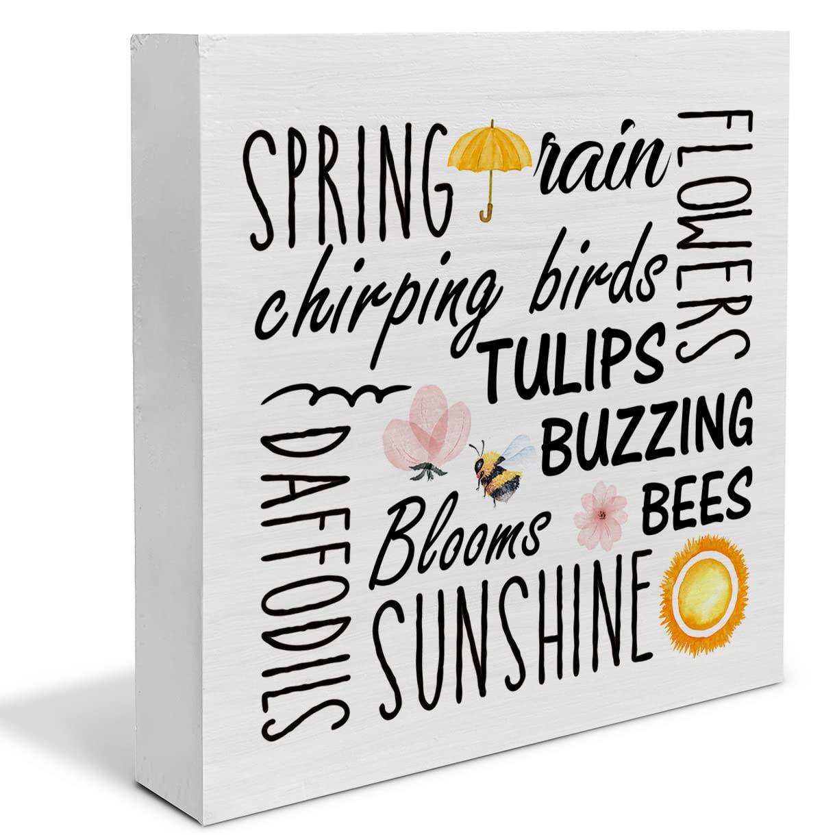 Spring Quote Wooden Box Sign Farmhouse Wood Box Sign Spring Art Blocks Desk Sign Rustic for Shelf Tabletop Home Decor 5 X 5 Inch