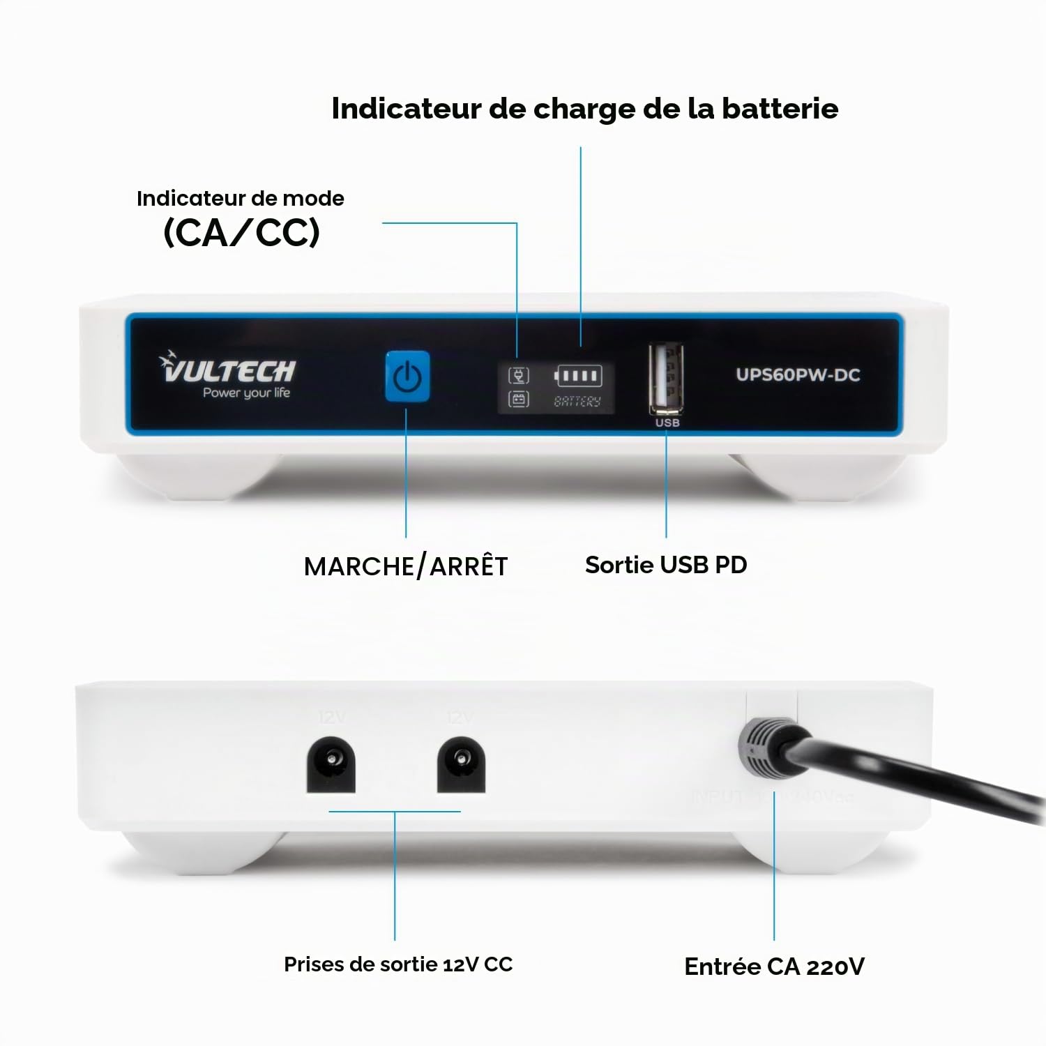 VulTech UPS60PW-DC Rev. 2.1 Blanc Mini UPS 6000mAh 60W Portable Alimentation sans Interruption pour Routeur sans Fil Modem Caméra Power Bank Smartphone Entrée 100-240 VAC USB 5V DC 12V
