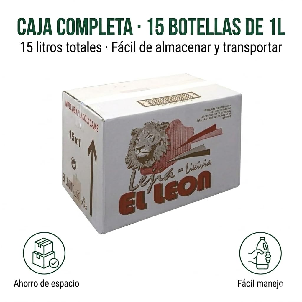Lejía Líquida para Limpieza y Desinfección de Superficies, Pack de 15 Botellas de 1 Litro