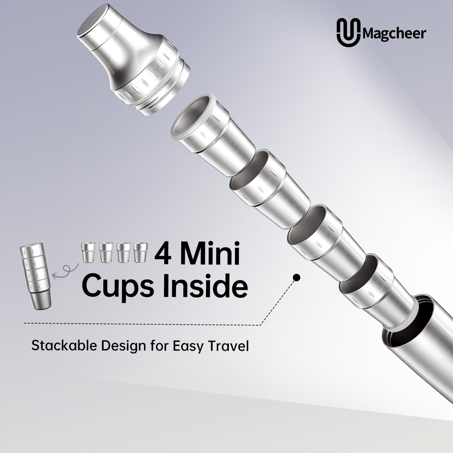 Hybrid Cocktail Shaker Set with Stackable Cups | Vacuum Insulated Stainless Steel Martini Shaker & Bartender Tools | Travel-Ready Kit | 30oz | Silver