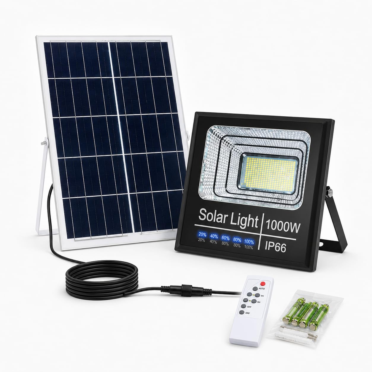 Faro Solare LED 1000W con Pannello Solare, Luce da Esterno 6500K Ultra Potente, Sensore Crepuscolare Automatico, Telecomando, IP67 Impermeabile, Faretto Solare per Giardino, Cortile, Garage, Vialetto