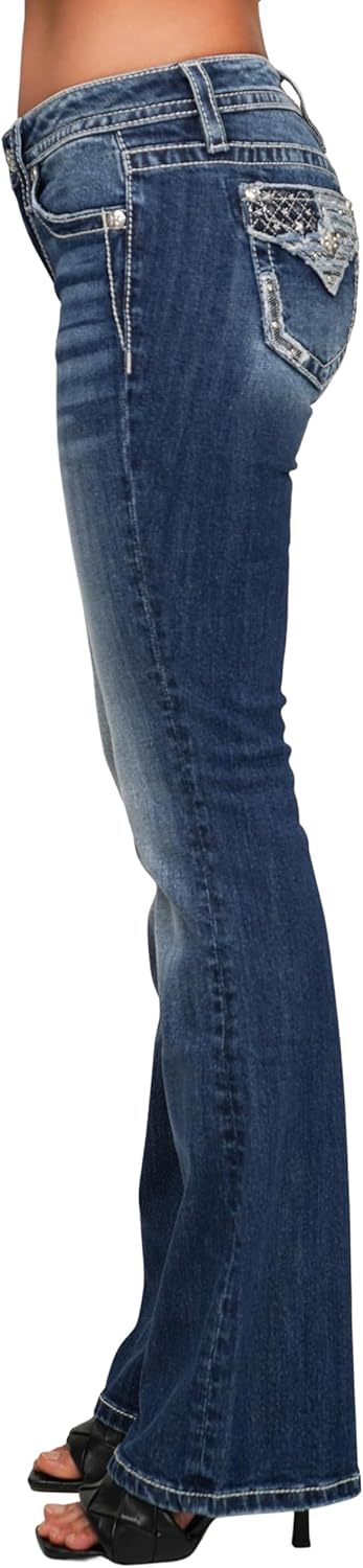 Miss Me Women's Star Spangled Chic Mid Rise Bootcut Jeans with Faux Flap Pockets