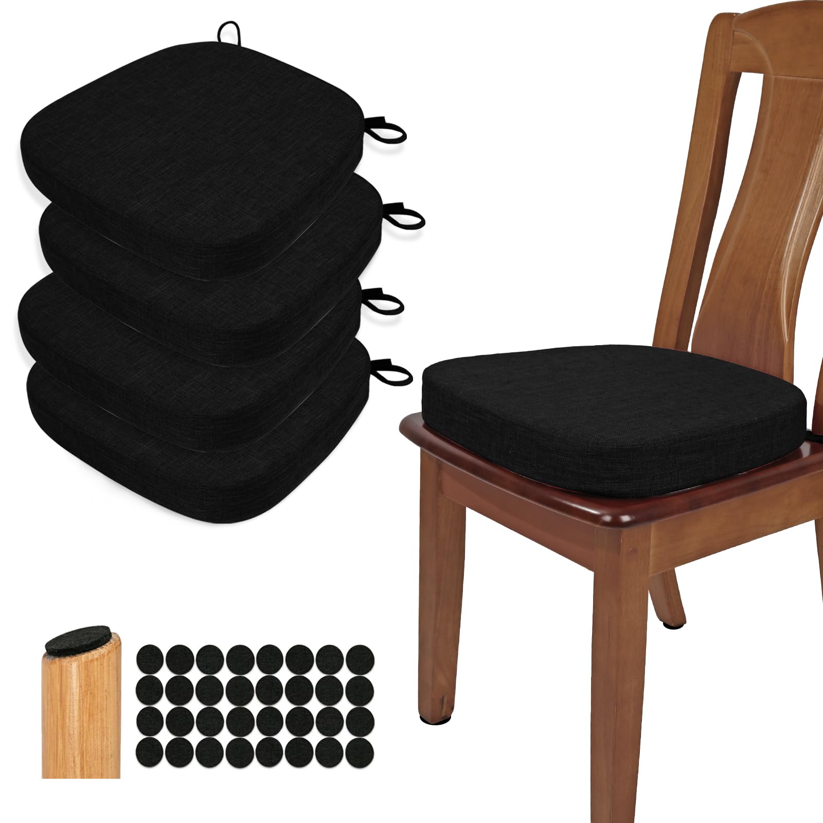 BUYUE Stuhlkissen 6,5 cm dick, U-Form Sitzkissen 40x40 cm mit hochdichtem Schaumstoff, Stoffbezug, rutschfestes Sitzpolster für Küche und Esszimmer (4 Stück, Schwarz)