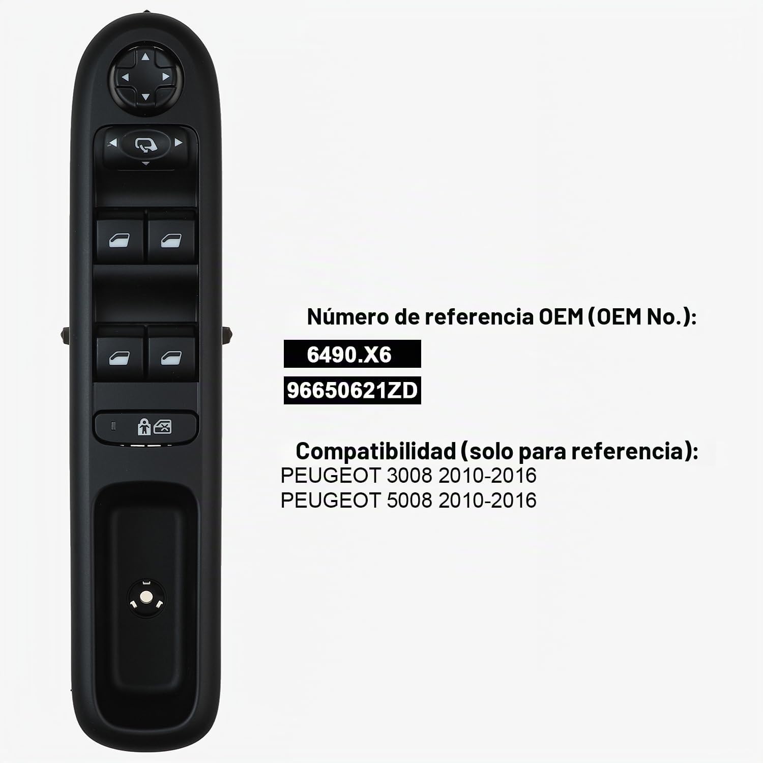 YAOPEI Control Elevalunas Espejo retrovisor para Peugeot 3008 5008 Botón Interruptor Elevalunas Eléctrico 6490.X6 96650621ZD