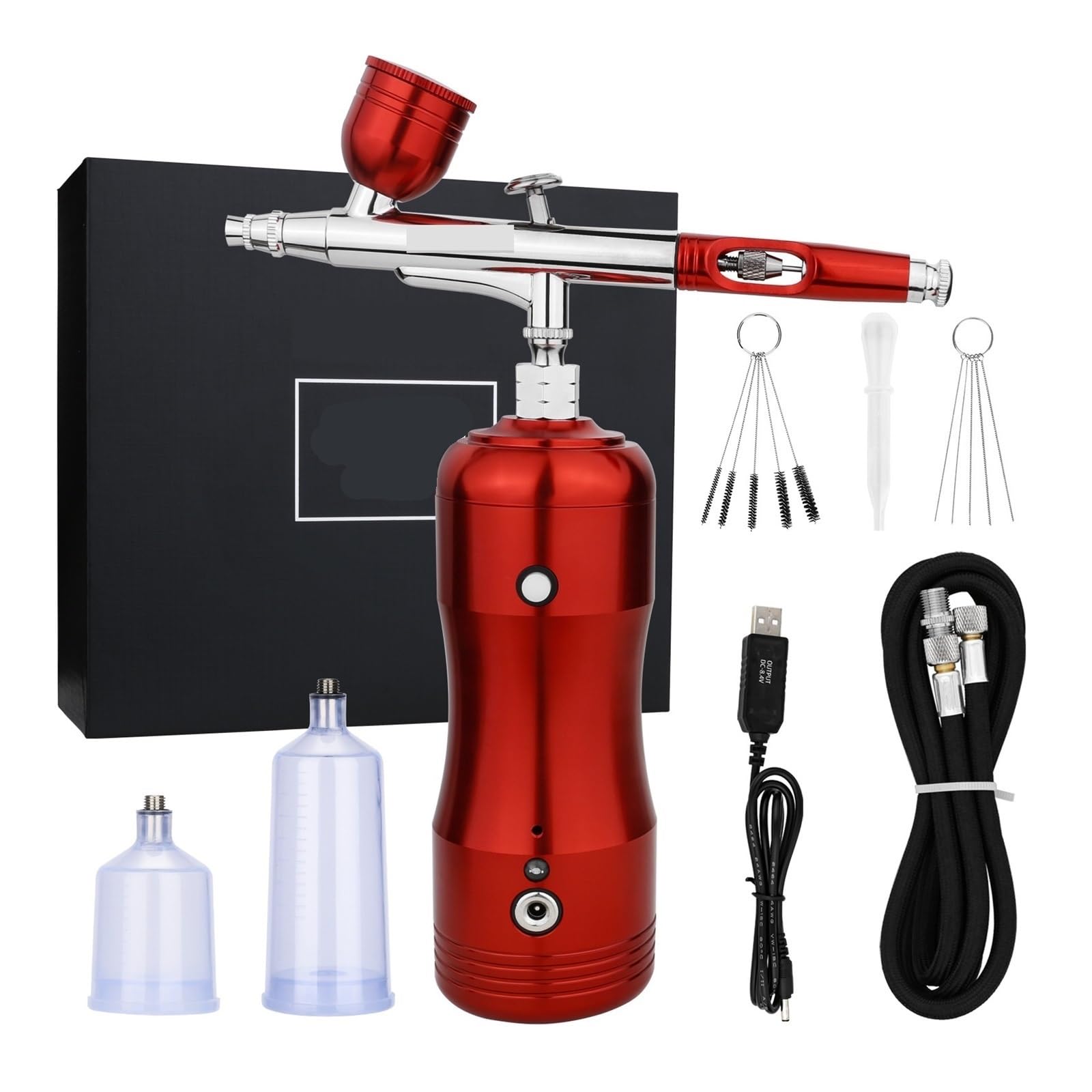 Zestaw Aerografu Z Automatycznym Zatrzymaniem Sprężarki Ręczny Bezprzewodowy Pistolet Pneumatyczny Gravity Feed Dual Action Rechargeable Precyzja Wysiłku Równomierny Strumień(Red)