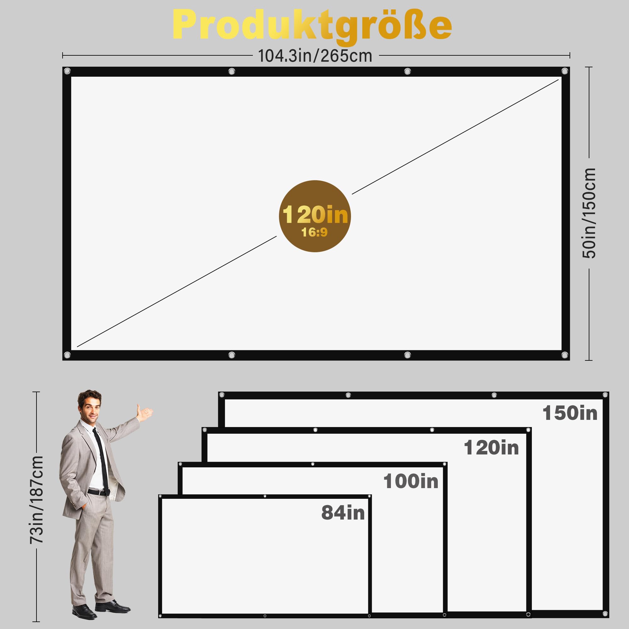 Ekran Projekcyjny 120 Cali 16:9 HD - Przenośny Składany na Zewnątrz do Projektorów, Dwustronny Antyzagnieceniowy Projekcja dla Kina Domowego, Komercyjnego, Imprez, Ekran Projektora 265x150cm
