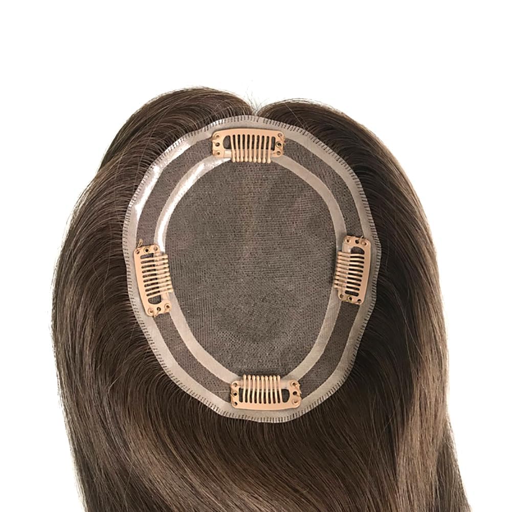 Damen Topper Haarteil mit Highlights, Braun-Blond Gesträhnt, Clip-In Echthaar Verlängerung (#2, 12”)