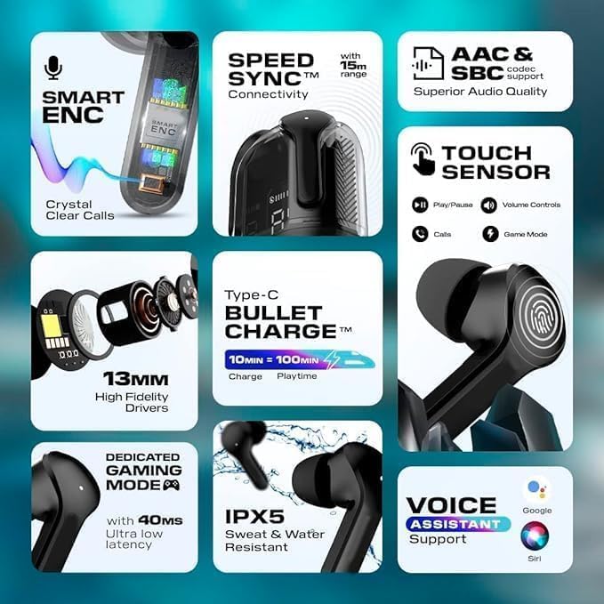 Image of Ultrapod Wireless Bluetooth in Ear Earbuds, Transparent Charging Case, Active Nois Cancellation, Led Digital Display, Quantum Sound Pods, Touch Control, Water Resistant Black