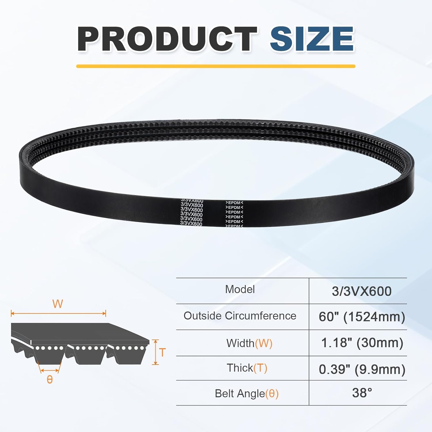 uxcell 3/3VX600 EPDM V-Belt, 3 Banded, Cogged Industrial V Belt 60" Outside Circumference x 1.18" Width x 0.39" Thickness