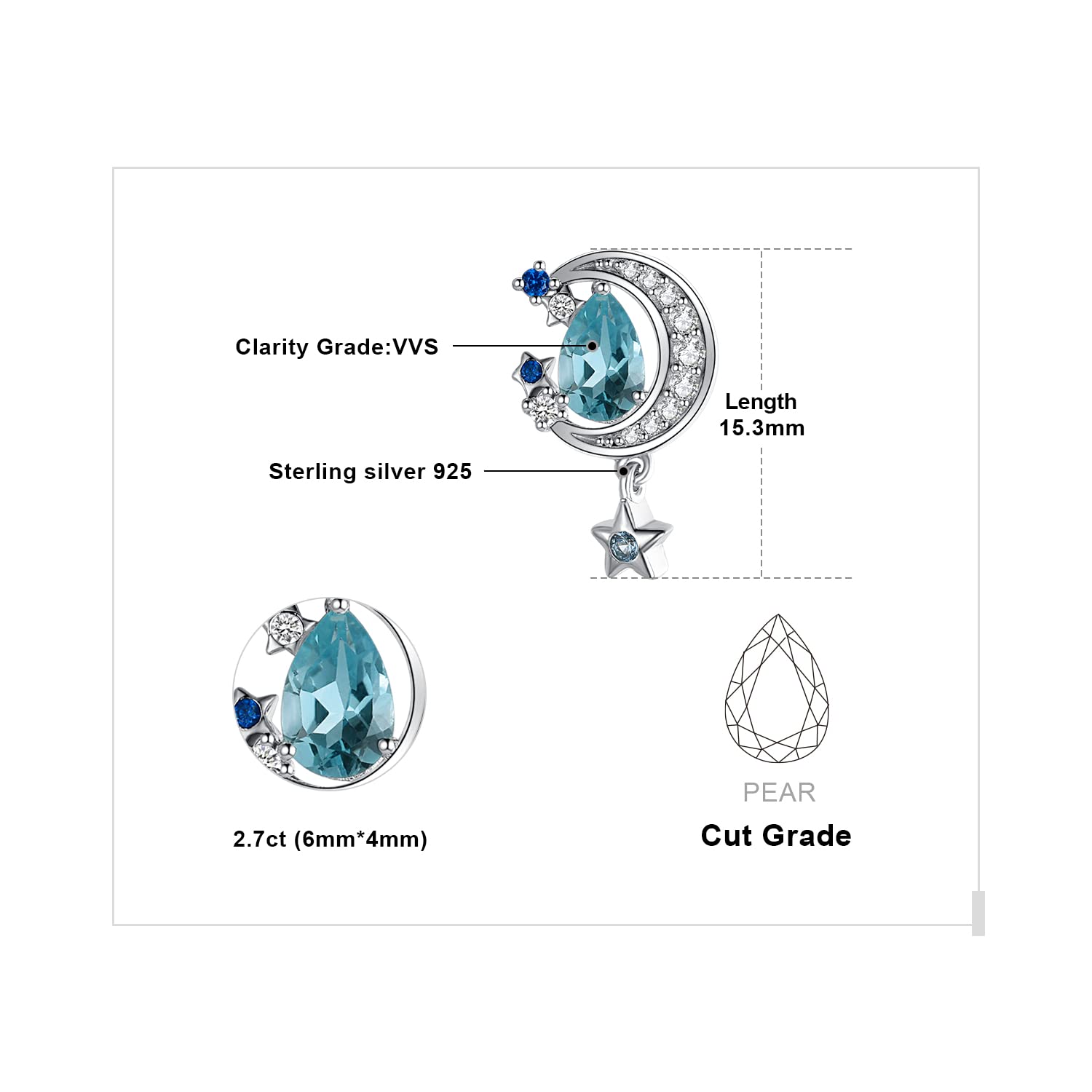 JewelryPalace Moon and Star Drop Cut 2.2ct Genuine Blue Topaz Created Sapphire Stud Earrings Silver 925 Ladies, Blue Topaz Stone Jewelry Set, Earrings Silver Gemstone Girls, Fashion Jewelry for Women