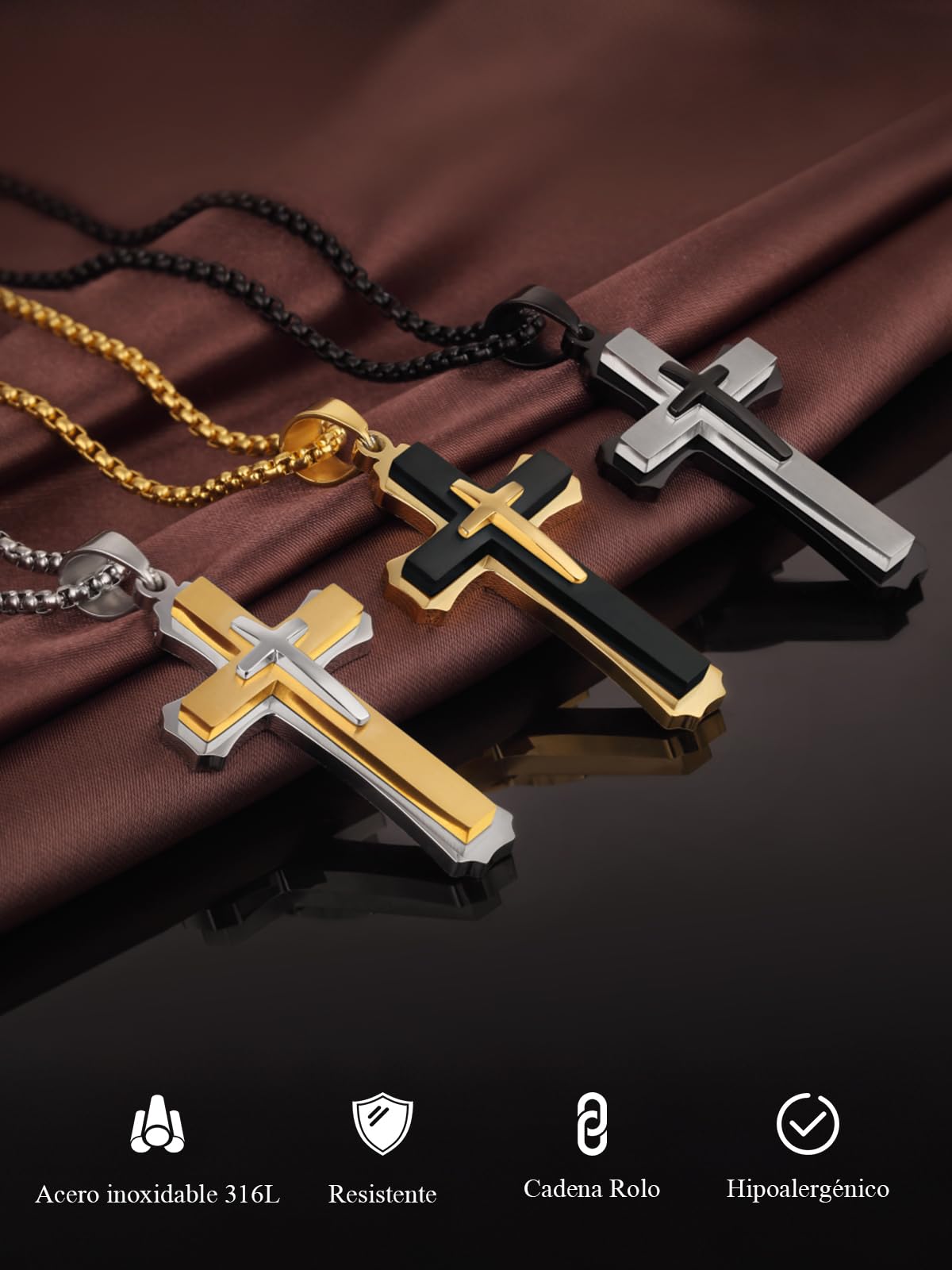 Collar Cruz Hombre Plata/Dorado/Negro Colgante Cruz para Hombre Acero Inoxidable 316L Joyero Cristiano de Cadena