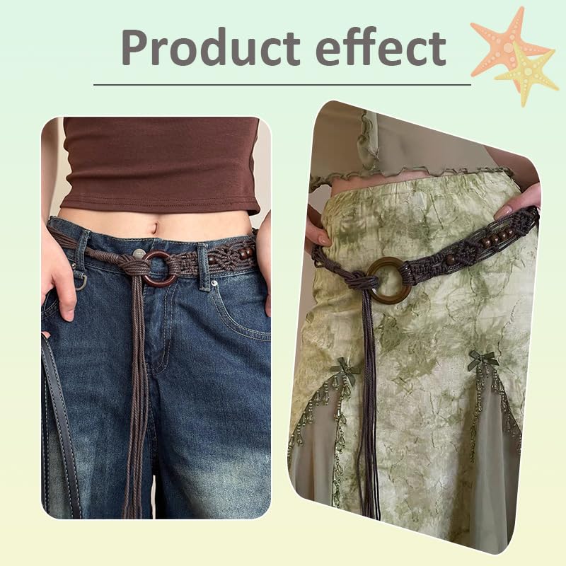 YALLNASL Womens Rope Braided Woven Belts Vintage Cowgirl Boho High Low Waist Belts for Women Girls Dresses Jean Beaded Chains3