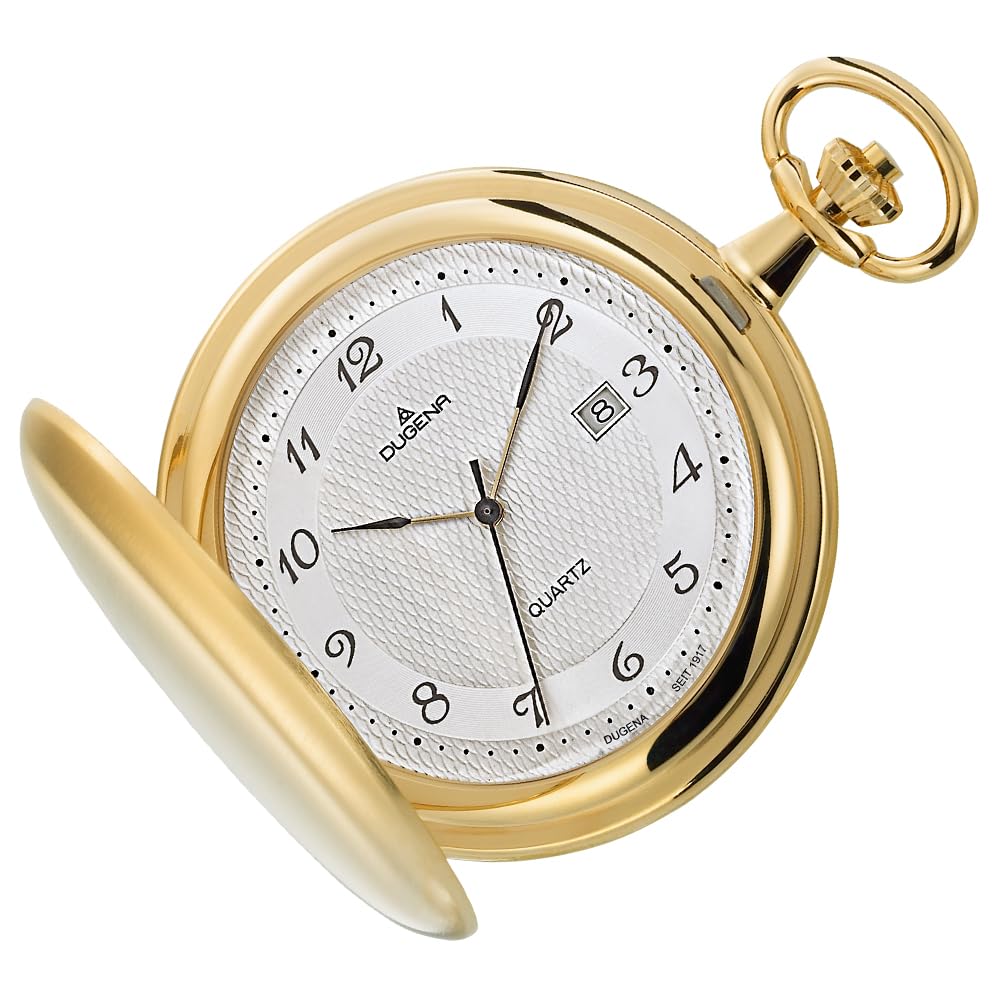 DUGENA Savonette Taschenuhr 4460302-1 – Quarzwerk – Edelstahlgehäuse – Silbernes Zifferblatt mit Guilloché – Datum & kleine Sekunde – Inklusive Kette