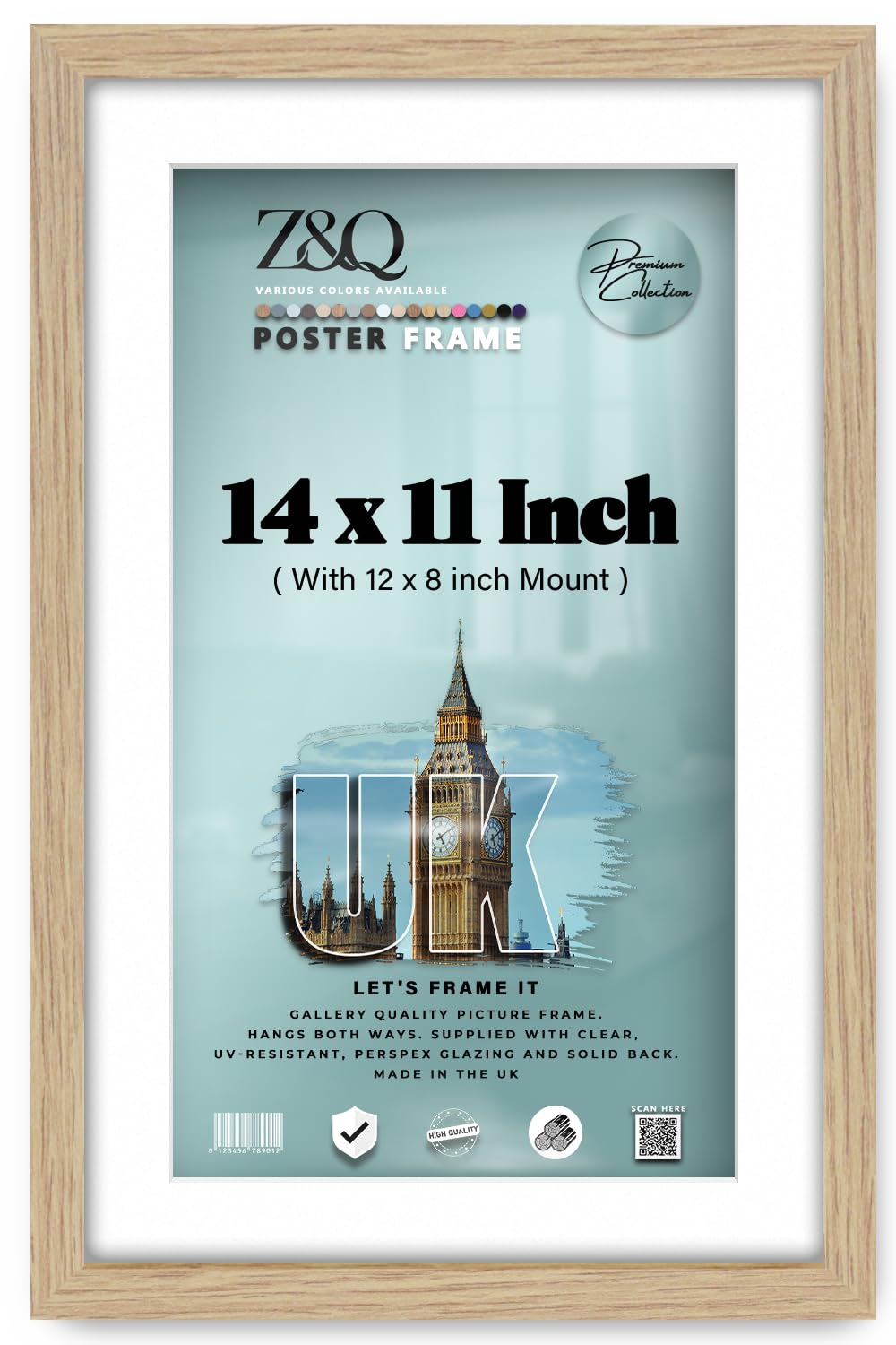 Z&Q - Strong MDF Wood 14 x 11 Inch Poster/Picture Frame with 30.48 x 20.32 cm White Mount Home Décor (35.56 x 27.94 cm) Wall Gallery and Art [ Oak ]