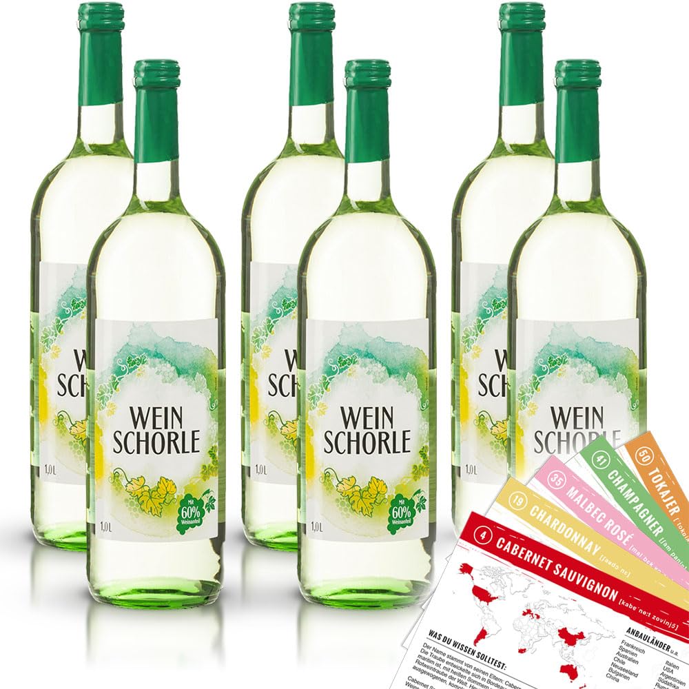 Weinschorle Weiß, weinhaltiges Getränk, sortenreines Weinpaket + VINOX Winecards (6x1,0l)