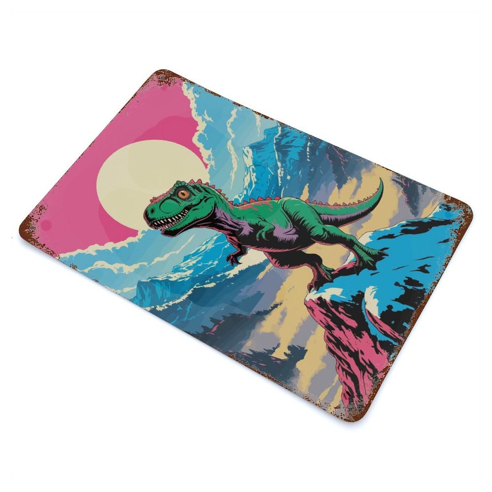 Dinosaur on Mountain Peak Illustration Rusty Metal Tin Sign 11.8"x7.9", Ideal for Patio, Garden Room And Bar Decor
