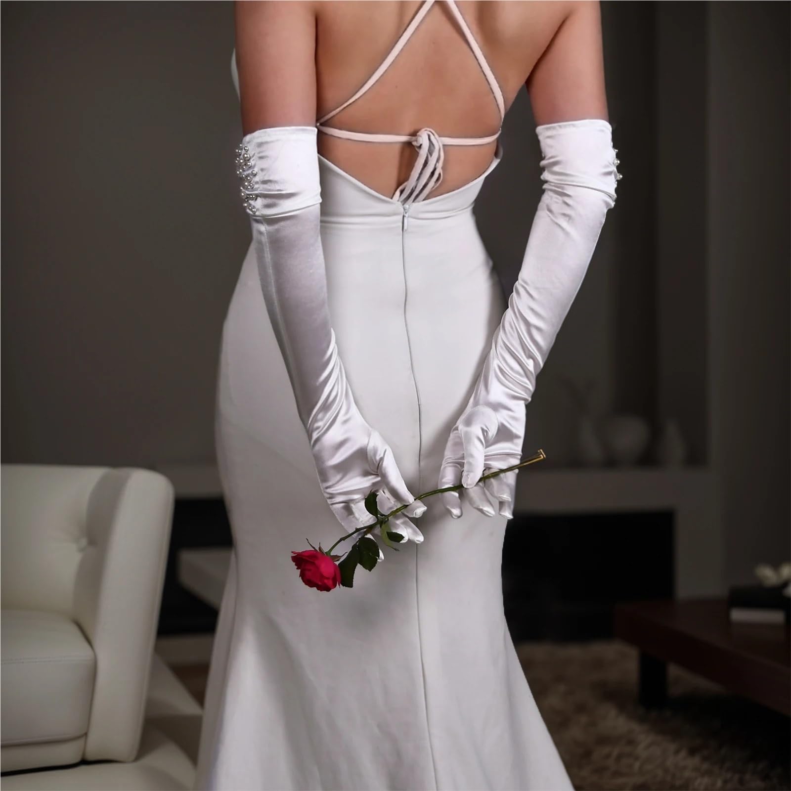 2 paia di guanti da sposa Per Il Tempo Libero E Le Feste | Perle Perline Copre Braccia Bianco Lungo Raso Elegante Donna Festa