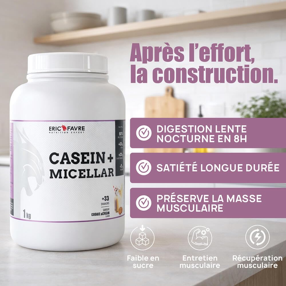 CASEIN+ NATIVE ORIGINE - Caséine Micellaire Enrichie en HMB, Vitamine B6, Magnésium - Construction Musculaire - 1kg - Saveur Chocolat - Eric Favre