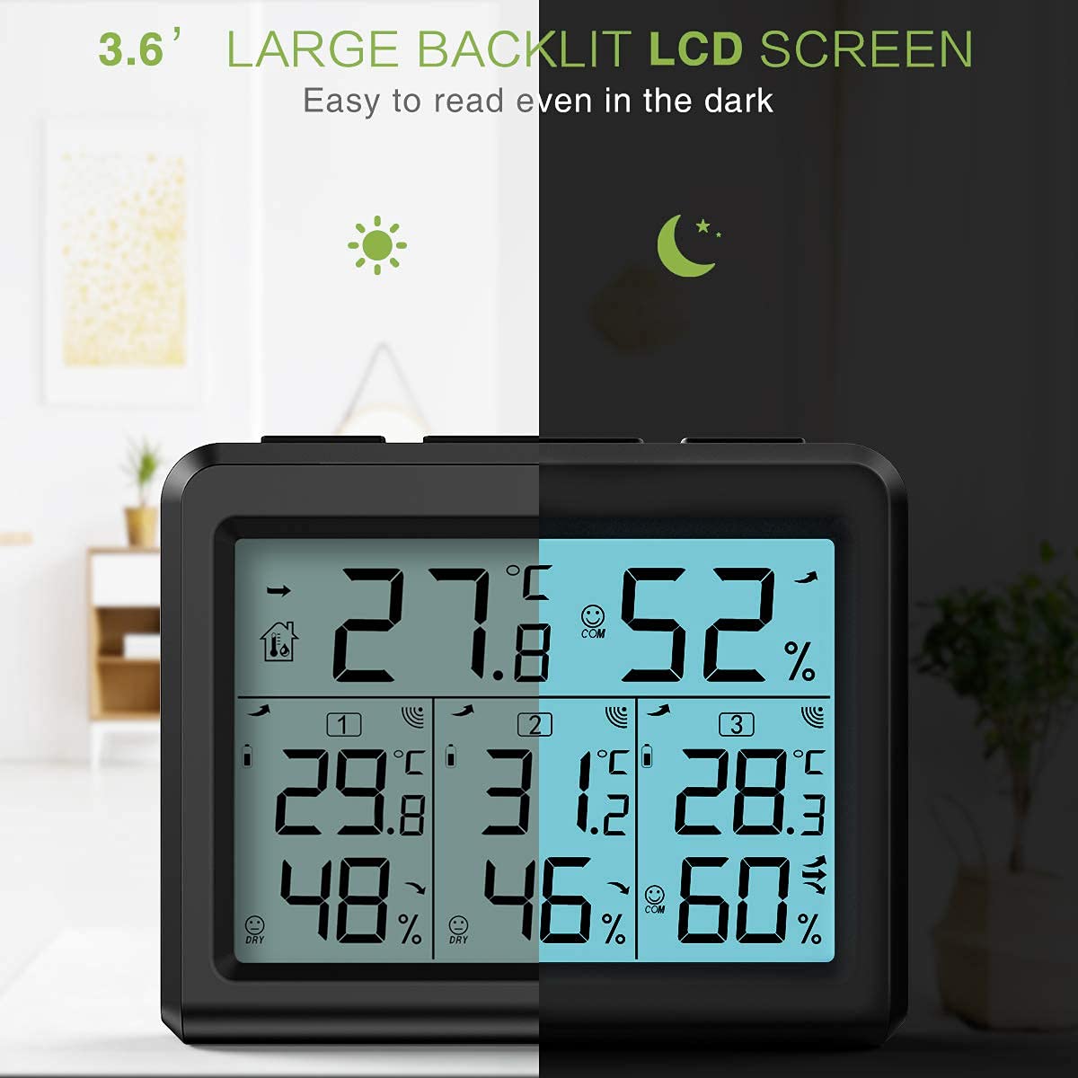 KeeKit Innen Außen Thermometer, Temperatur Luftfeuchtigkeit Monitor mit 3 Drahtlose Sensoren, Hygrometer Meter Gauge mit LCD Hintergrundbeleuchtung, Min/Max Record für Zuhause, Büro, Restaurants, Bars