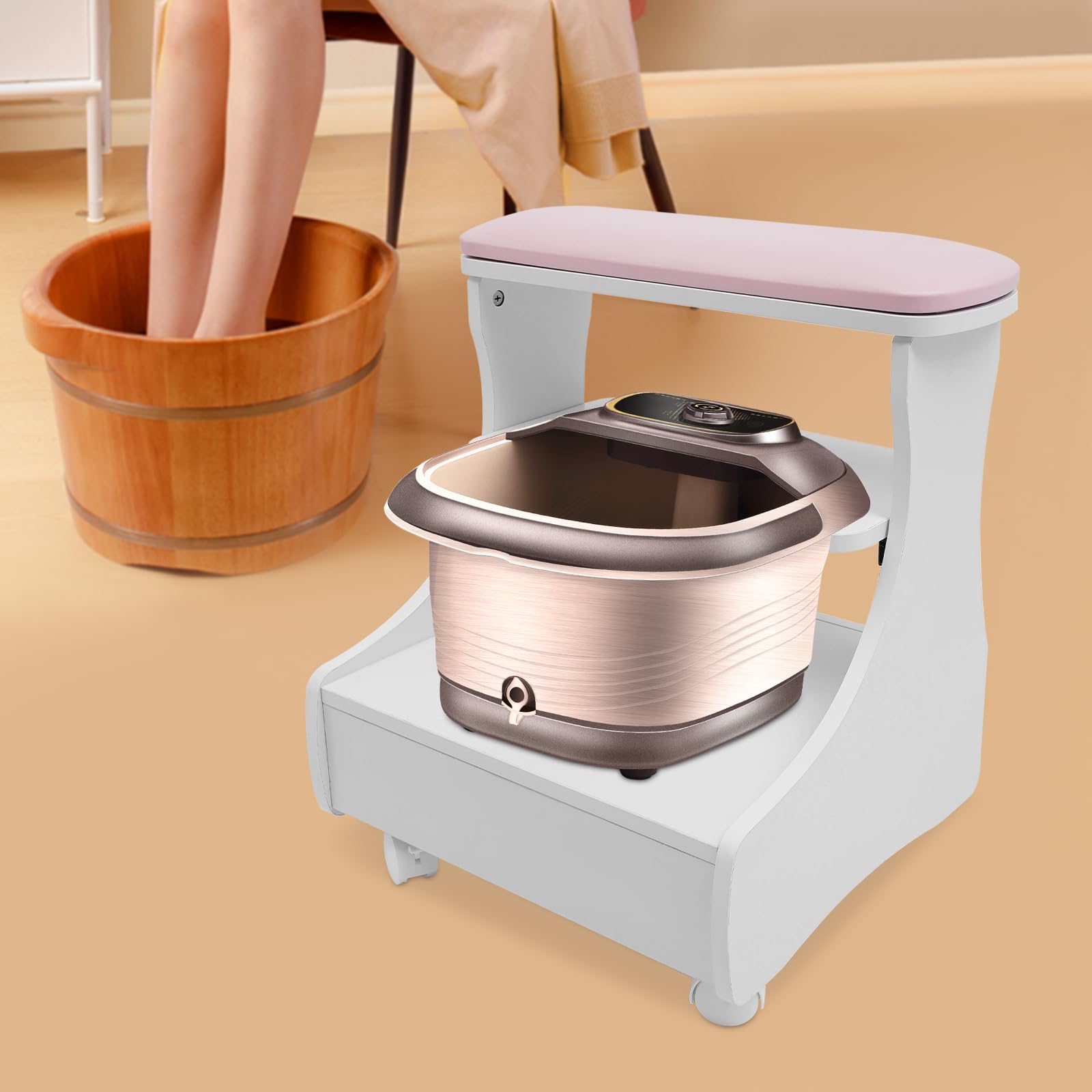 Krzesło do kąpieli stóp z kółkami, do manicure, pedicure i masażu stóp, krzesło do salonu i domu, 4 kółka z hamulcem, nośność 20 kg, do kąpieli stóp i relaksującej pielęgnacji stóp (różowe)