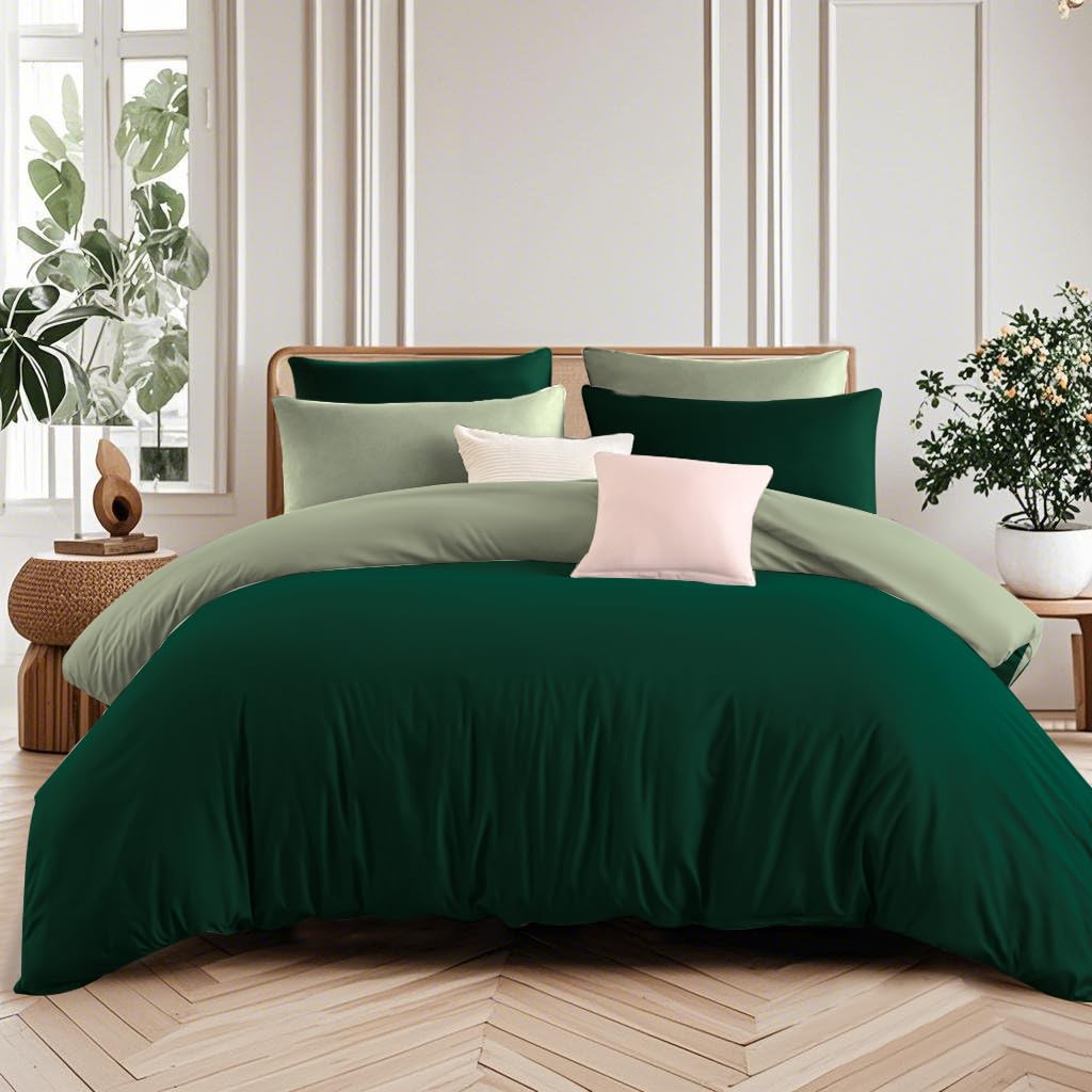 Soifox King Size Duvet Cover Sets Dark Green and Sage Green, 3 Piece Microfiber Reversible King size Bedding Bed Sets, Soft and Non Iron Quilt Duvet Covers with 2 Pillowcases 50x75cm