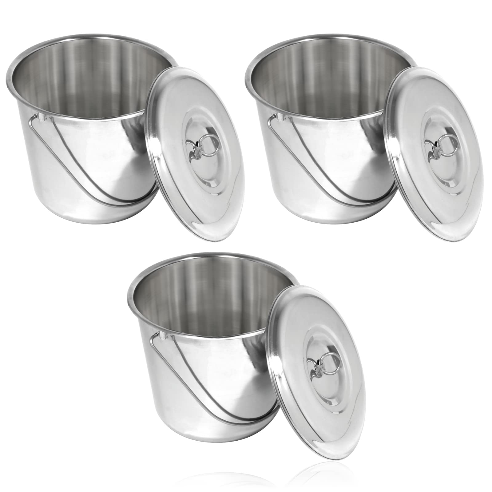 SPARES2GO 12 Litre Stainless Steel Metal Bucket Handled Pail with Lid for Bar Cellar Catering Food Kitchen (Silver, Pack of 3)