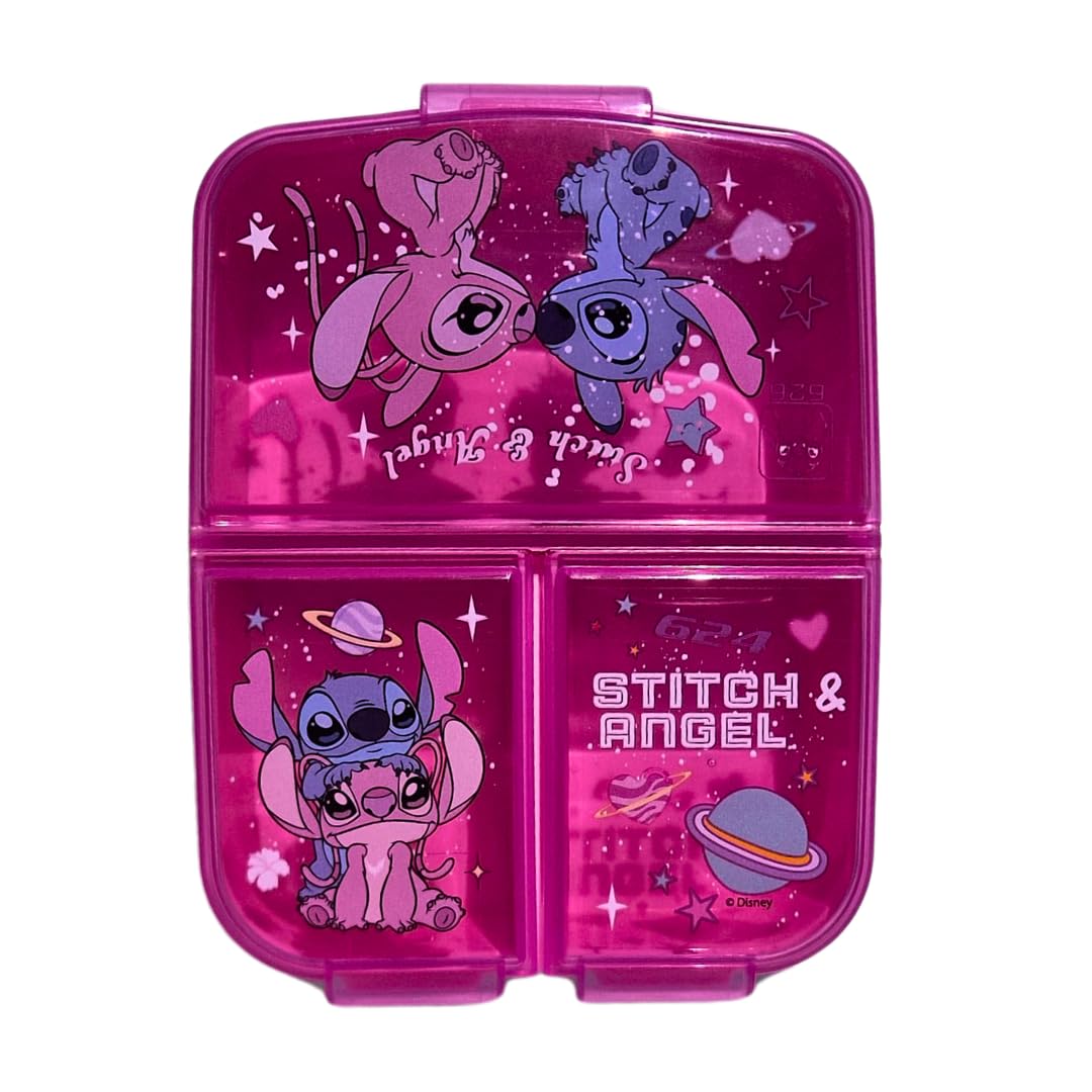 Stor, Sandwichera Stitch y Angel, Fiambrera para Niñas, Lonchera Porta Alimentos Escolar para Snacks, Almuerzos y Meriendas, con 3 Divisiones, Ligera y Fácil de Limpiar Reutilizable (Kawaii) 17x14x5Cm
