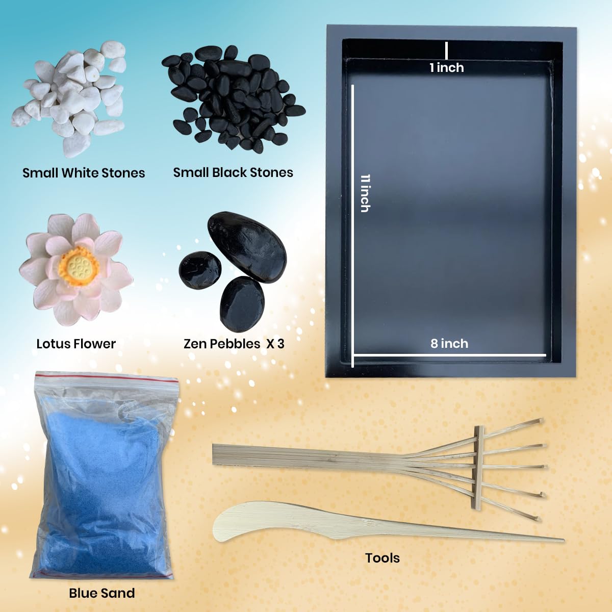 Kit da giardino zen, decorazione zen giapponese, mini set regalo per meditazione da giardino, accessori per la casa, ufficio, giardino di sabbia zen, pietre impilabili zen blu acqua, pietre bianche e