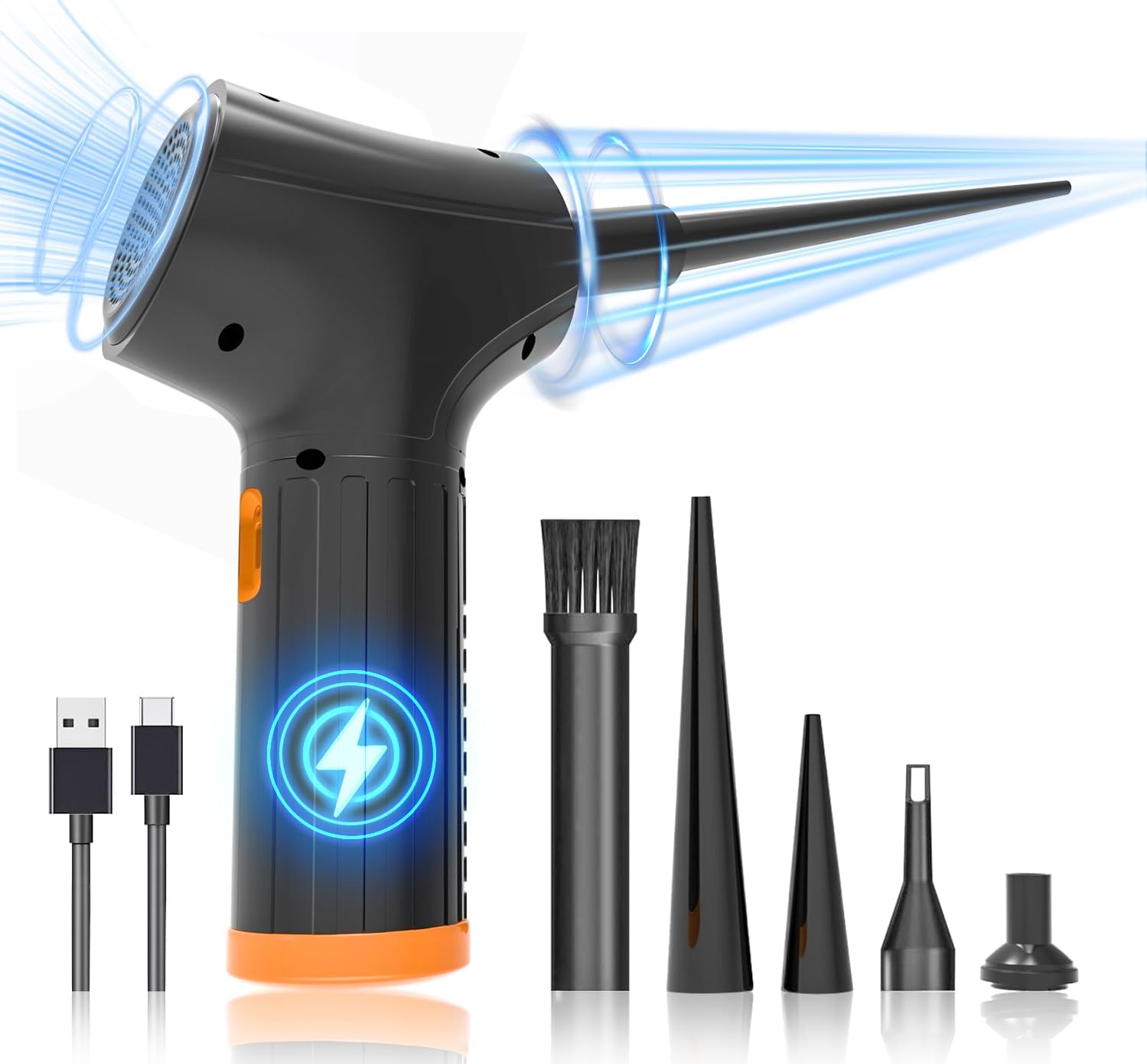 JESWO Compressed Air for PC, 60000RPM PC Air Blower, 6000mAh, 3 Speed Cordless Compressed Air Gun Portable for Computer, Keyboard, Office, Car, Sofa, Air Duster with 5 Nozzles