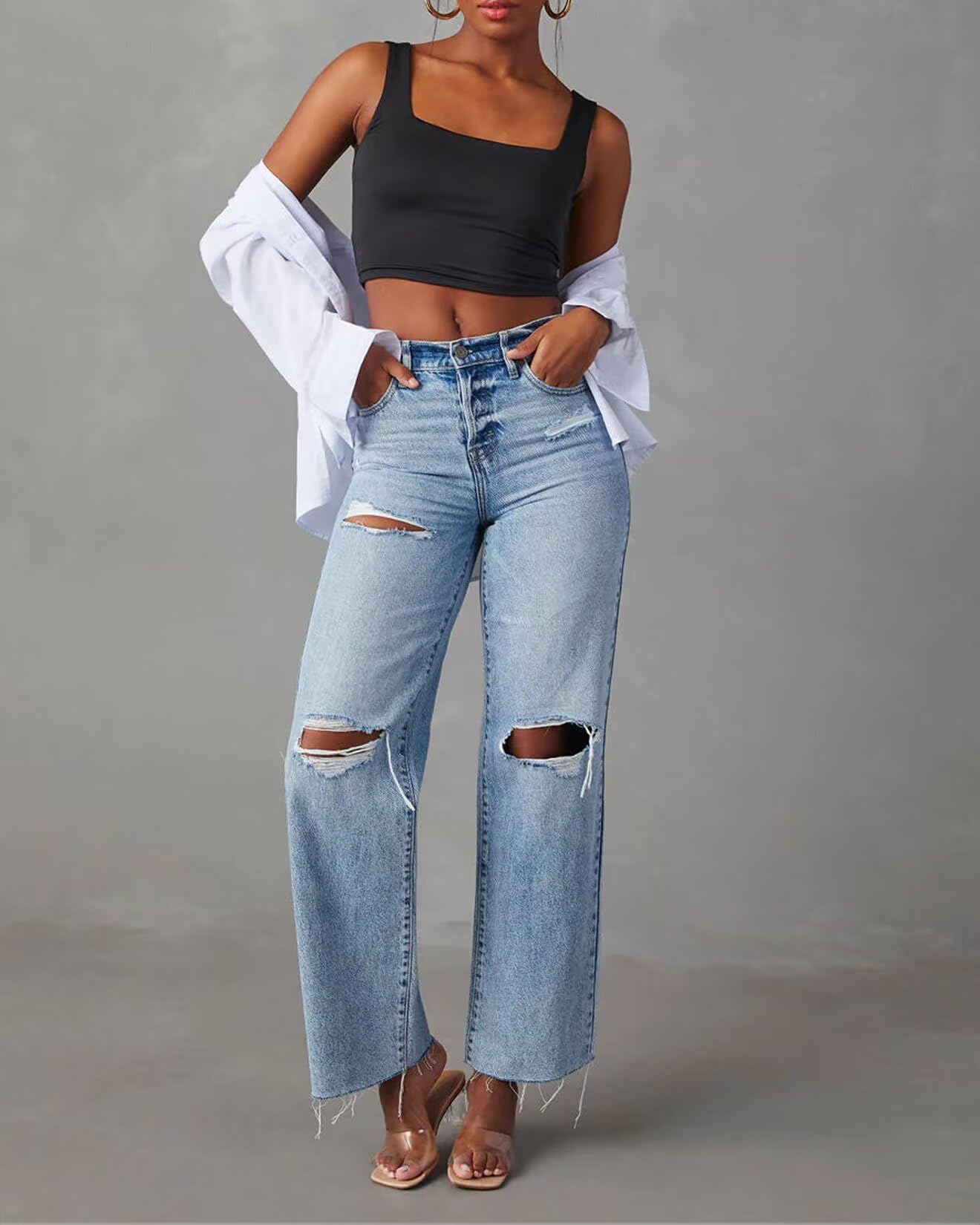 Allimy Jeans da donna a vita alta, gamba dritta, gamba larga, strappati, orlo sfilacciato, pantaloni in denim Capri elasticizzati