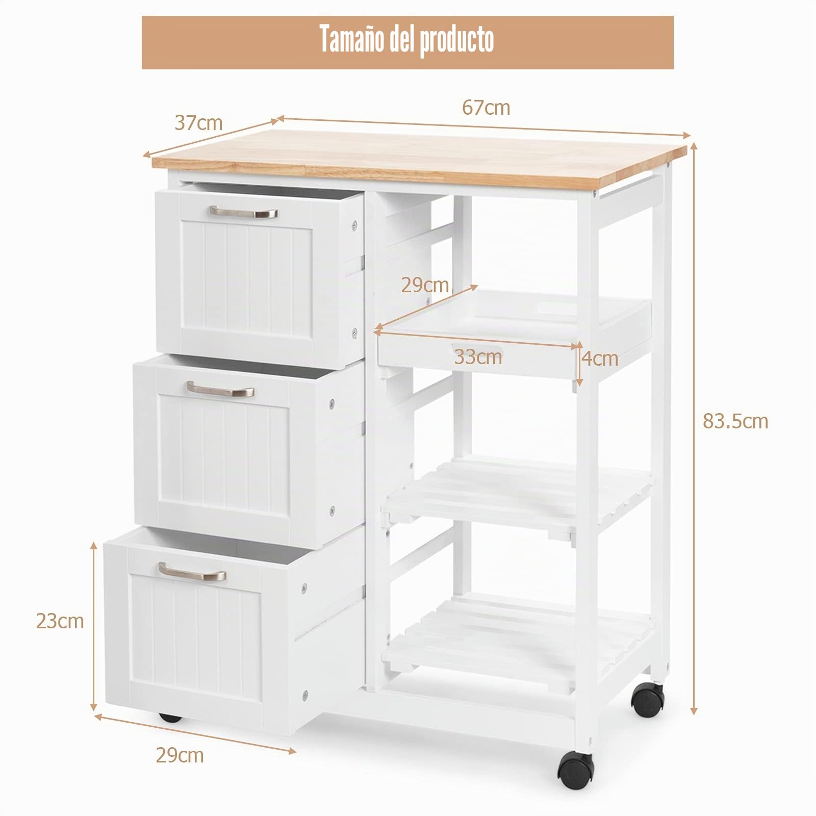 GOPLUS Carro de Cocina con Ruedas con 3 Cajones y 3 Niveles, Carrito de Cocina de Madera con 1 Bandeja Extraíble y Freno, Ideal para Cocina, Salón, Pasillo, 67 x 37 x 83,5 cm, Blanco y Natural