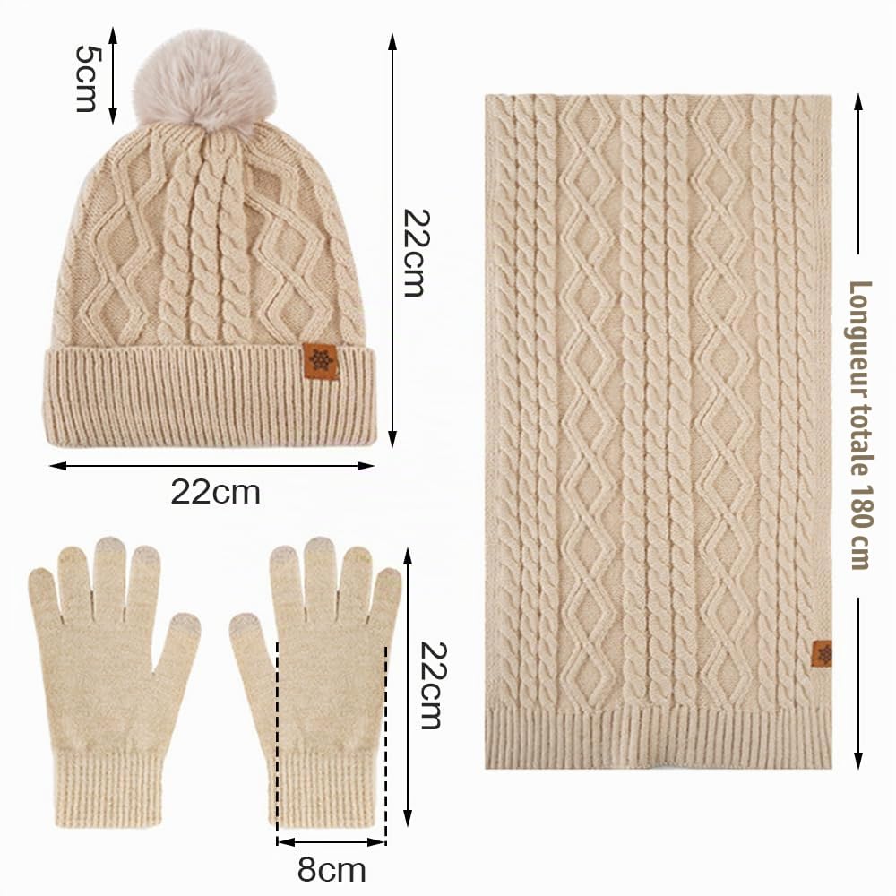 Oneshlee Bonnet d'hiver - Gants tactiles et écharpe longue - Pour femme - Avec balle en peluche - Chaud - Gants tricotés - Écharpe - 3 en 1 - Cadeau pour femme
