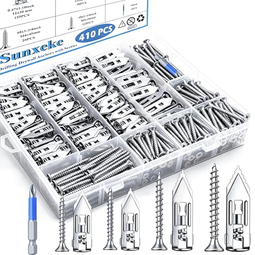 Image of 410PCS Self Drilling Drywall Anchors with Screws Kit-2 Sizes Sheetrock Anchors & 4 Sizes Zinc Expansion Screws, Upgraded Zinc Plated Steel,No Drill Needed,Holds Up to 66LB on Walls(Sliver)