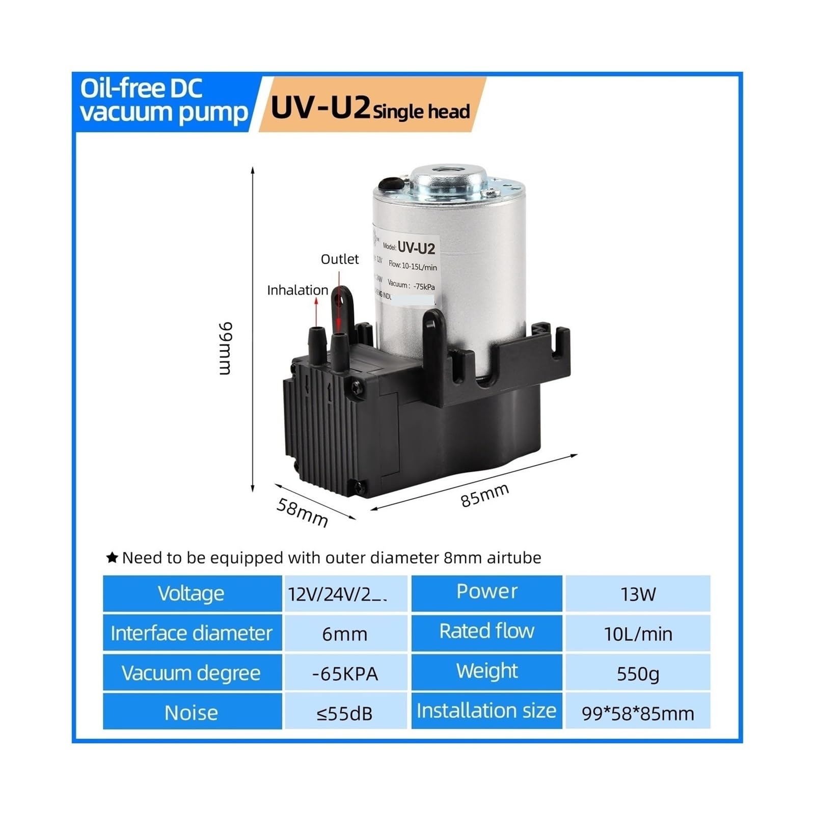 bomba de diafragma, Bomba de aire diafragma pequeña 12 V/24 V CC, alta presión negativa, for inflador laboratorio (DIY)(12V,UV-U2 single head)