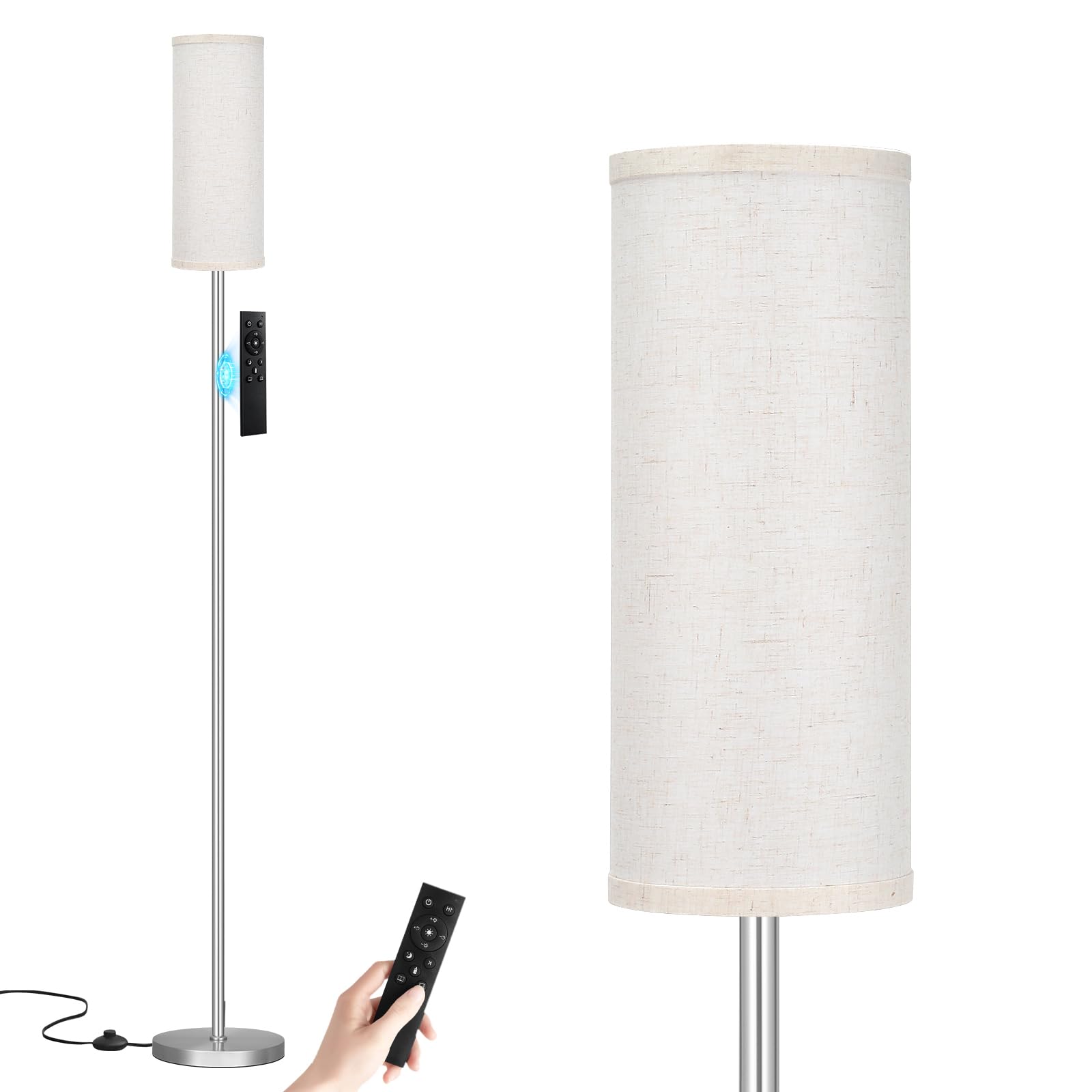 Ambimall 64'' Floor Lamps for Living Room with Remote Control and Stepless Dimmable Colors Temperature &amp; Brightness, 9W Bulb Included(Beige Lampshade &amp; Silver Pole)