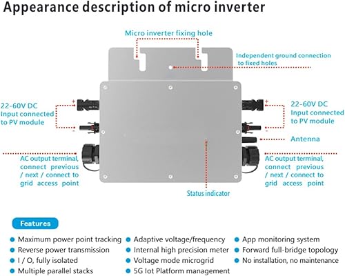 Miniatura 3 de 700W Micro Inversor Solar Grid Tie Microinversor IP65 Control Auto Enfriamiento 120/230V Identificación Automática Inversores de Energía Aplicación