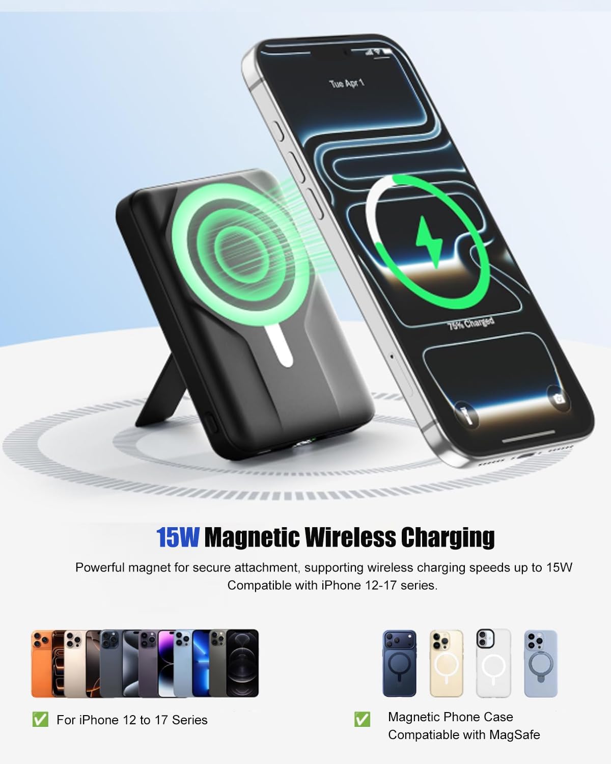 Azmuth Powerbank per Magsafe, 10000mAh Power Bank Batteria Esterna Magnetica, Caricatore Portatile Ricarica Rapida con Display LED, Wireless Powebank per iPhone 17/16/15/14/13/12 Serie, Nero