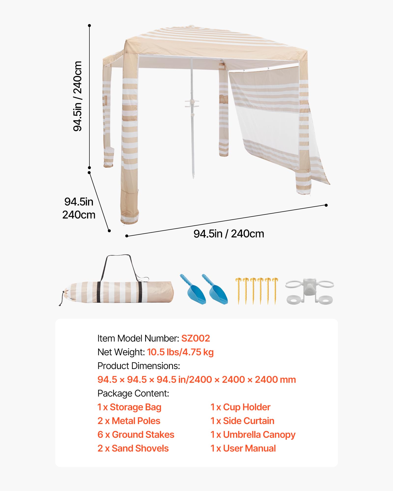 VEVOR Cabaña de Playa de 2,4 x 2,4 m, con Pared Lateral, Protección Solar UPF 50+, Incluye Sacos de Arena, Altura Ajustable y Portátil, Ideal para Toda la Familia y Amigos, Rayas Caqui y Blanco